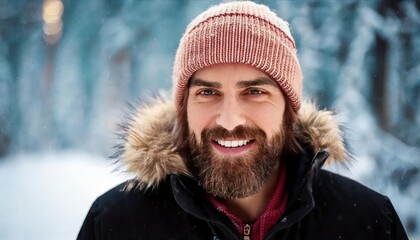 Fototapeta premium Man with beard wearing warm hat in snowy setting enjoys winter atmosphere 
