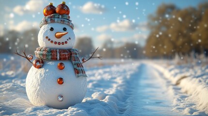 Obraz premium A cheerful snowman stands in a snowy landscape with falling snow.