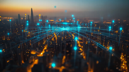 Fototapeta premium Smart digital Innovation city with connection network reciprocity over the cityscape. of future smart wireless digital city and social media networking systems that connects people with in city