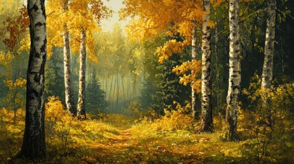 Fototapeta premium Autumn Birch Forest Pathway