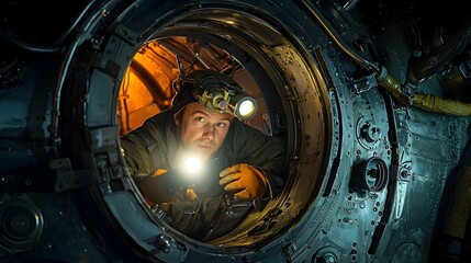Obraz premium Close up view of an engineer or technician working on the internal components of a jet engine nacelle using a flashlight to illuminate the workspace and examine the machinery in detail