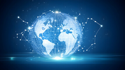 A glowing, digital globe with lines connecting to a network of data points on a blue background.