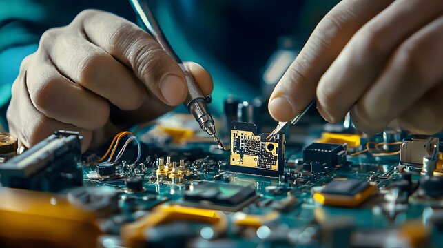 Close up view of an engineer s hands carefully assembling and repairing avionics equipment and electronic components inside the cockpit of a jet aircraft