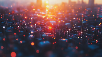 Fototapeta premium Smart digital Innovation city with connection network reciprocity over the cityscape. of future smart wireless digital city and social media networking systems that connects people with in city
