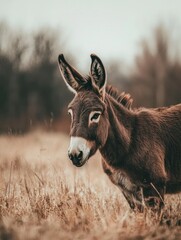 Fototapeta premium Donkey in Dry Grass Field