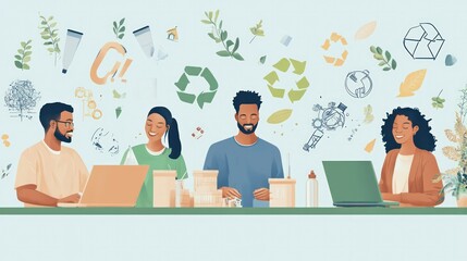 Illustration of a multi-national team developing an automated design tool that promotes circular economy models in manufacturing.