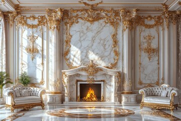 Luxurious Living Room with Ornate Fireplace and Gilded Decor
