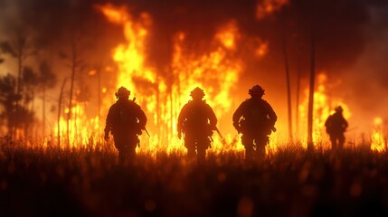 Fototapeta premium Burning Forest: Wildfire Disaster and Brave Firefighters in Action - Landscape Panorama with Flames, Smoke and Silhouette Trees