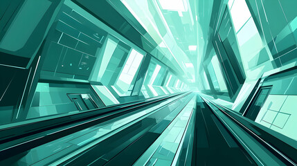 Obraz premium Futuristic, narrow corridor with a bright light at the end.