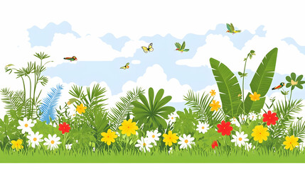 Fototapeta premium Lush green grass, vibrant flowers, and tropical plants under a blue sky with flying butterflies and birds.