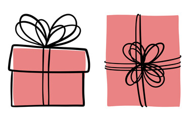 Two pink gift boxes from above and from the front. Simple minimalistic sketch, doodle for Valentine&rsquo;s day