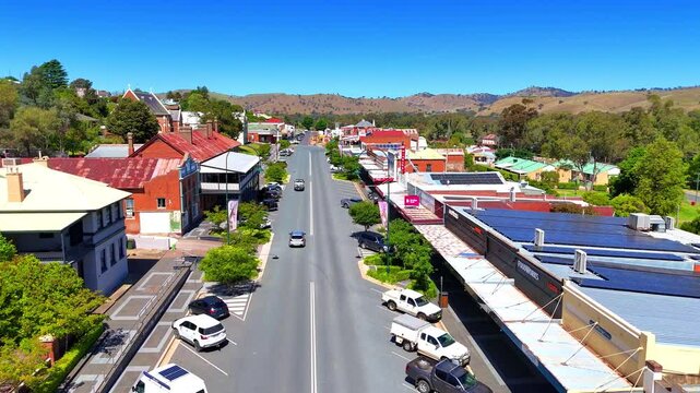 Panoramic aerial drone view of Country Town Gundagai Suburbs with Houses roads and parks in country New South Wales NSW Australia