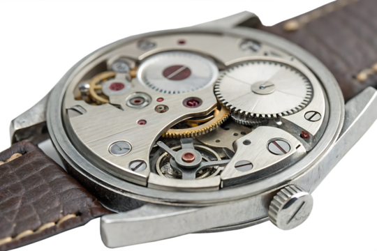 Vintage Mechanical Watch Movement with Leather Strap isolated on white background as transparent. PNG. AI GENERATED
