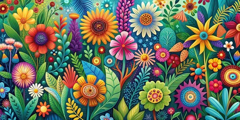 A vibrant illustration of colorful flowers and leaves in a whimsical garden, surrounded by abstract shapes and patterns, botanical, illustration, abstract, design, nature