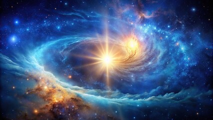 Fototapeta premium A vibrant galaxy background with swirling clouds of gas and dust, illuminated by a bright blue-white star at its center, planetary system, nebula, interstellar medium, cosmic, galaxy background