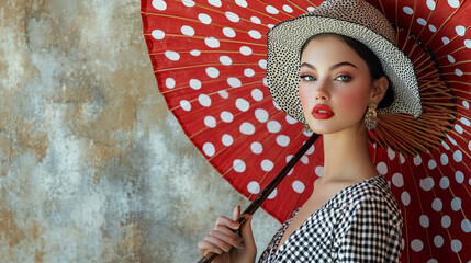 beautiful girl model with a red polka dot umbrella
