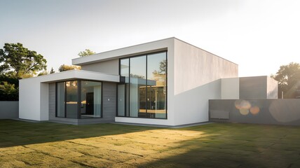 a modern minimalist house exterior with white and gray tones.