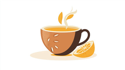 Obraz premium Steaming cup of tea with lemon slice, flat illustration