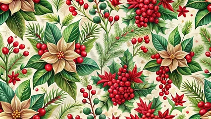 Fotobehang Floral Christmas background with seamless pattern of flowers and berries © Kingphet