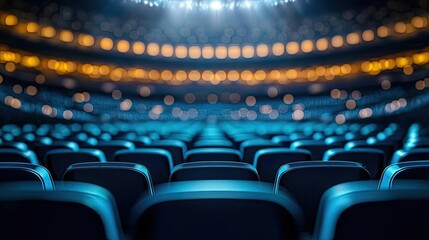 Naklejka premium Empty seats in a concert hall, illuminated by soft stage lights, creating a serene ambiance.