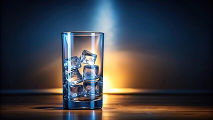 A slender glass object placed upright on a table surface with a few ice cubes inside, illuminated by a soft light source, transparent glass, beverage container, pouring vessels