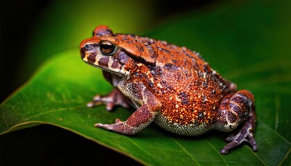 Obraz premium Mystic portrait of Yellow Harlequin Toad on leave, full body view blurry leaf's background 