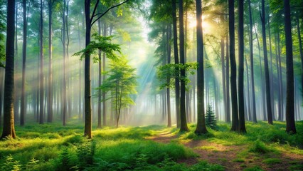 Obraz premium A serene summer forest with tall trees and a misty atmosphere, forest, serene, mist, nature, summer