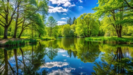 Fototapeta premium A serene pond surrounded by tall trees and vibrant greenery on a warm spring day, spring landscape, greenery, forest scene, outdoors, trees