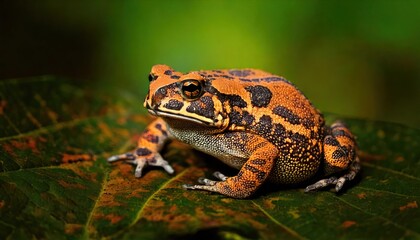Obraz premium Mystic portrait of Yellow Harlequin Toad on leave, full body view blurry leaf's background 