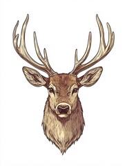 Obraz premium Front view illustration of a stag with impressive antlers, ideal for nature-themed design projects on a white background.