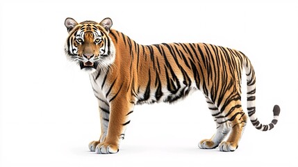 Fototapeta premium A majestic tiger illustrated in a stunning style, featuring intricate stripes and an enchanting expression, set against a white backdrop.