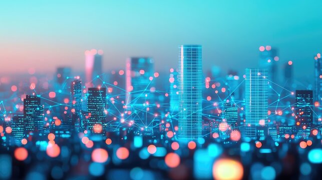Futuristic city skyline with digital network connections and vibrant lights.