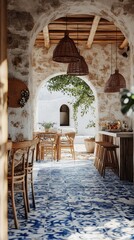 Fototapeta premium Charming mediterranean restaurant patio with stone walls and blue tiles