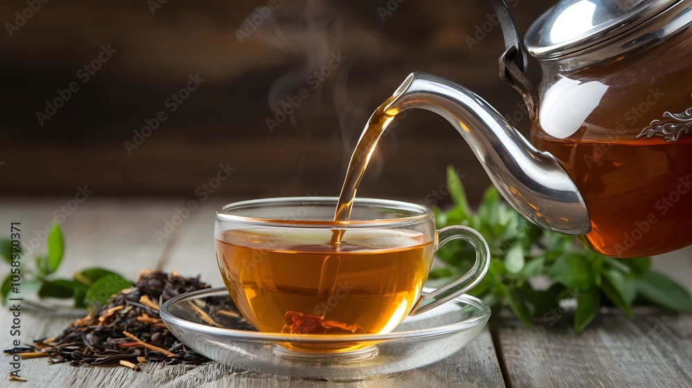 Wall mural a vintage teapot pouring hot tea into a glass teacup.