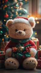 Cute teddy bear holding christmas gift in front of christmas tree