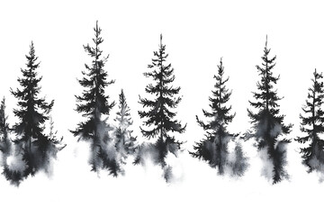 Obraz premium lack and White Pine Tree Watercolor Border with Misty Effect on white and transparent background.