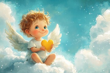 Naklejka premium Cute angel holding golden heart sitting on clouds: valentine's day greeting card