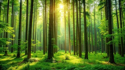 Obraz premium A lush forest with tall trees standing in front of a serene green background, outdoor scenery, forest background, leafy greens