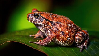 Obraz premium Mystic portrait of Yellow Harlequin Toad on leave, full body view blurry leaf's background 