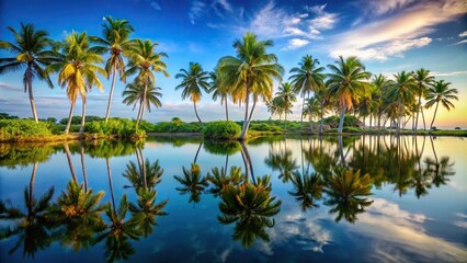 Fototapeta premium A group of palm trees forms a natural screen around a tranquil lagoon, water, landscape, outdoor, nature