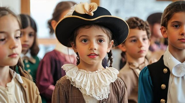 Depict a school that uses historical reenactments as a learning tool, where students dress in period costumes,