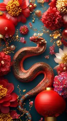 Obraz premium Design a festive scene for Chinese New Year featuring a beautifully decorated snake entwined around traditional red lanterns and vibrant flowers, symbolizing prosperity and good fortune