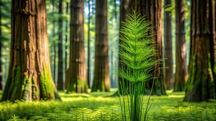 Forest horsetail plant against ancient tree trunk