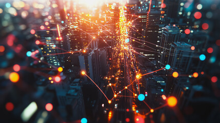 Fototapeta premium Smart digital Innovation city with connection network reciprocity over the cityscape. of future smart wireless digital city and social media networking systems that connects people with in city