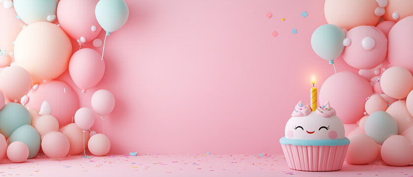 Happy Birthday Cupcake With Balloons And Confetti.