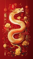 Obraz premium Design a vibrant and festive illustration for the Chinese New Year featuring a majestic snake entwined around traditional symbols of prosperity and good fortune, set against a rich red backdrop 