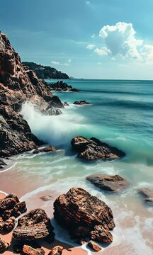Beach with rocks and sea, in the background there is landscape, clear sky, daylight, bright colors, summer vibes, beautiful scenery,


