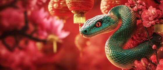 Fototapeta premium A green snake set against a red background with lanterns and flowers, capturing the essence of Chinese New Year. The banner design features high-resolution photography with intricate details
