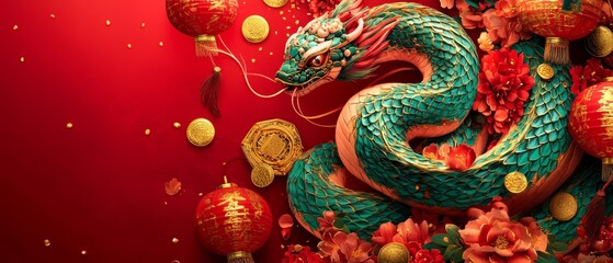 Obraz premium A green snake set against a red background with lanterns and flowers, capturing the essence of Chinese New Year. The banner design features high-resolution photography with intricate details