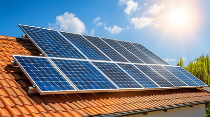 Solar panels on residential rooftop under bright sky